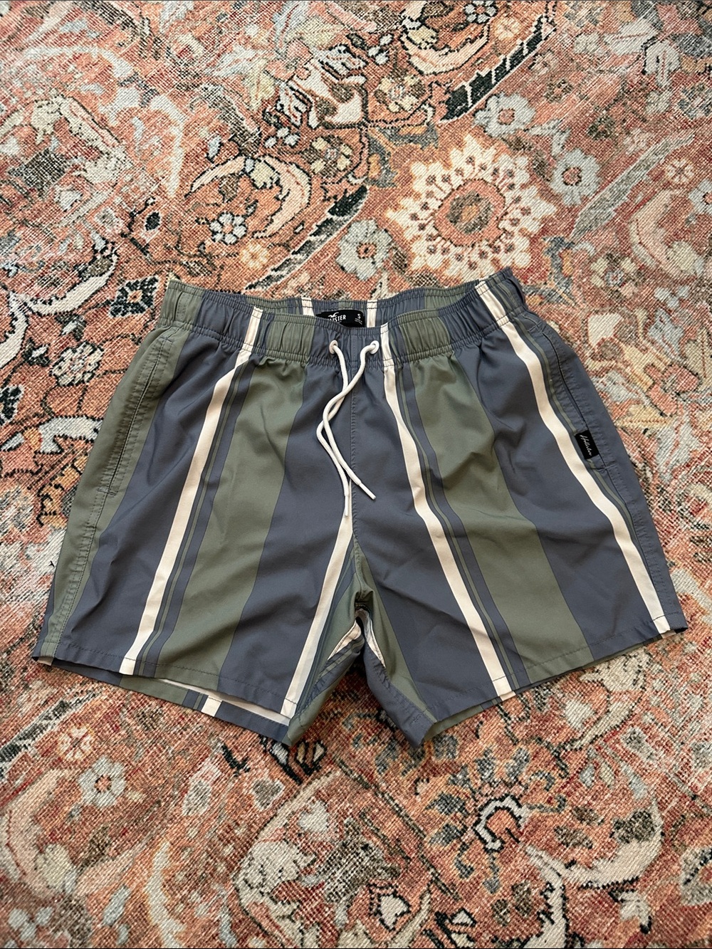 Hollister Men's Striped Swim Trunks - Blue & Olive Size Small